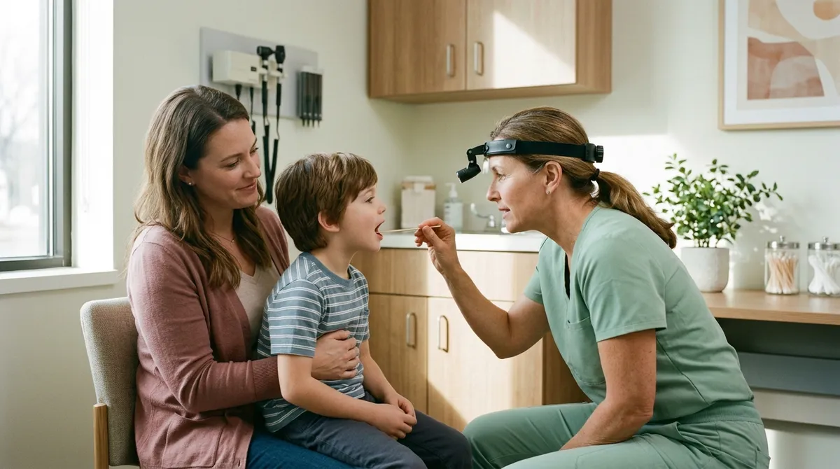 Médecin ORL examinant la gorge dun enfant accompagné de son parent